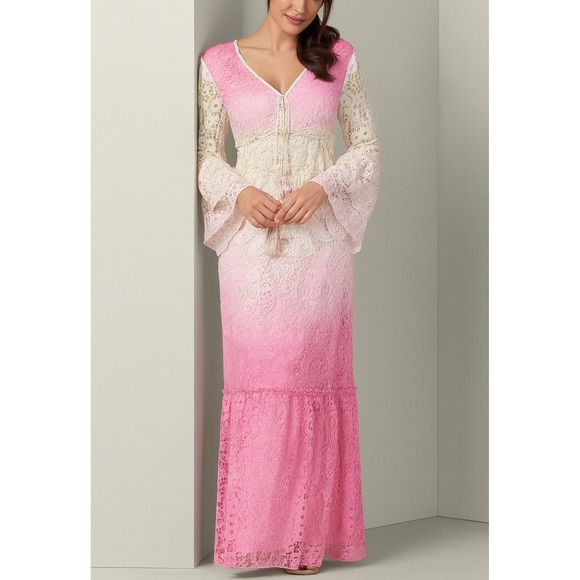 VENUS Dresses & Skirts - Venus Womens Long Crochet Embroidered‎ Pink White Floral Ombre Maxi Dress sz M